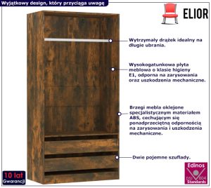 Wysoka szafa bez drzwiczek Uxaro 3X – dwie szuflady, drążek na ubrania, przydymiony dąb, wysoka jakość
