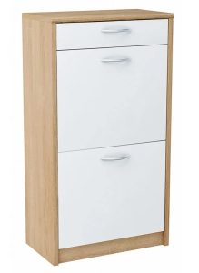 Wysoka Szafka Biały Na Buty Do Korytarza + Dąb Sonoma – dwie uchylne półki, szuflada, materiał laminowany