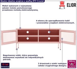 Różowa stalowa szafka RTV z 2 drzwiczkami – Korva, minimalistyczny design, industrialny styl, stabilna konstrukcja