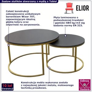 Komplet dwóch stolików kawowych Satell 4X – nowoczesny design, czarny, złoty, metal, płyta laminowana