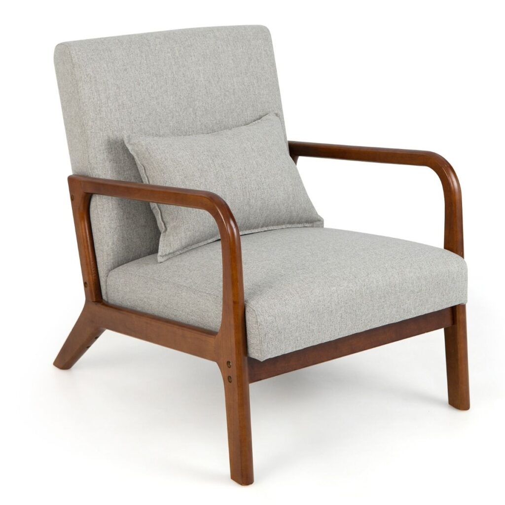 Fotel z poduszką lędźwiową w stylu vintage – ergonomiczne oparcie, stonowane kolory, drewno kauczukowe