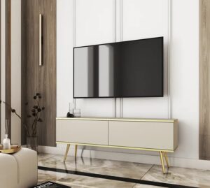Szafka pod TV Olix 7X – styl glamour, beż piaskowy + złoty, 135 cm, laminowana płyta