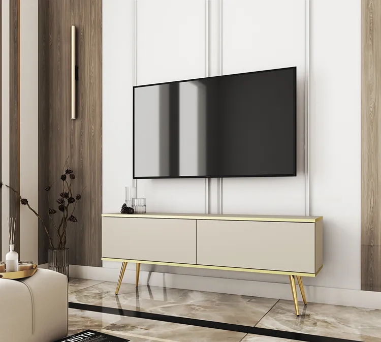 Szafka pod TV Olix 7X – styl glamour, beż piaskowy + złoty, 135 cm, laminowana płyta