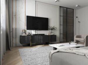 Modernistyczna czarna szafka rtv – funkcjonalność, nowoczesny design, 180 cm, płyta laminowana