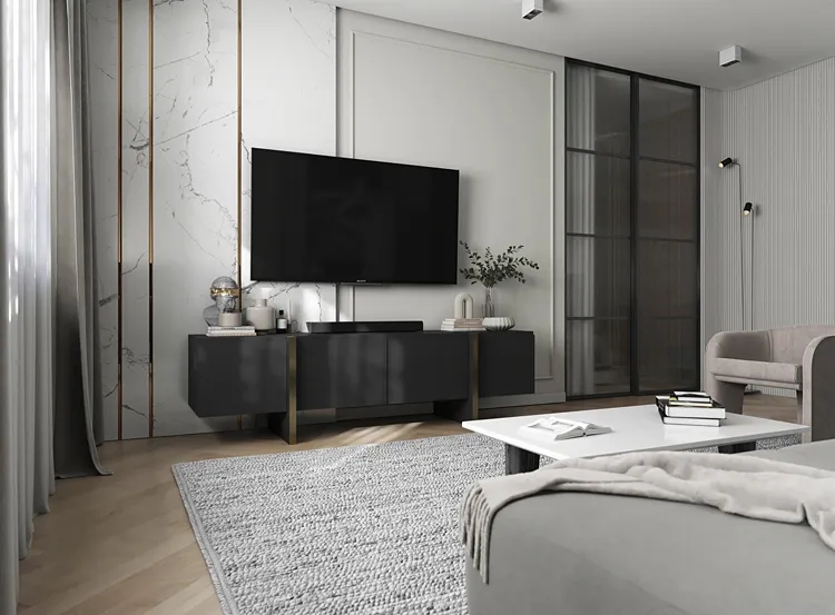 Modernistyczna czarna szafka rtv – funkcjonalność, nowoczesny design, 180 cm, płyta laminowana