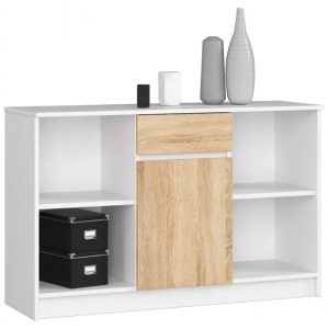 Skandynawska komoda do salonu biała + dąb sonoma – Bereno 3X, elegancka, funkcjonalna, z półkami