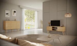Skandynawska szafka RTV na nóżkach dąb artisan – Dubby 5X 160 cm – elegancki design, funkcjonalność, trwałe materiały