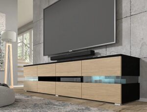 Stojąca szafka rtv czarny + dąb stone – nowoczesny design, funkcjonalność, 168 cm szerokości, ekologiczne materiały