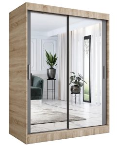 Szafa przesuwna z lustrem 150 cm Kukkin 4X – funkcjonalna, dąb sonoma + antracyt, laminowana płyta