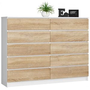 Skandynawska komoda do salonu biały + dąb sonoma – Entira 3X, dziesięć pojemnych szuflad, nowoczesny design