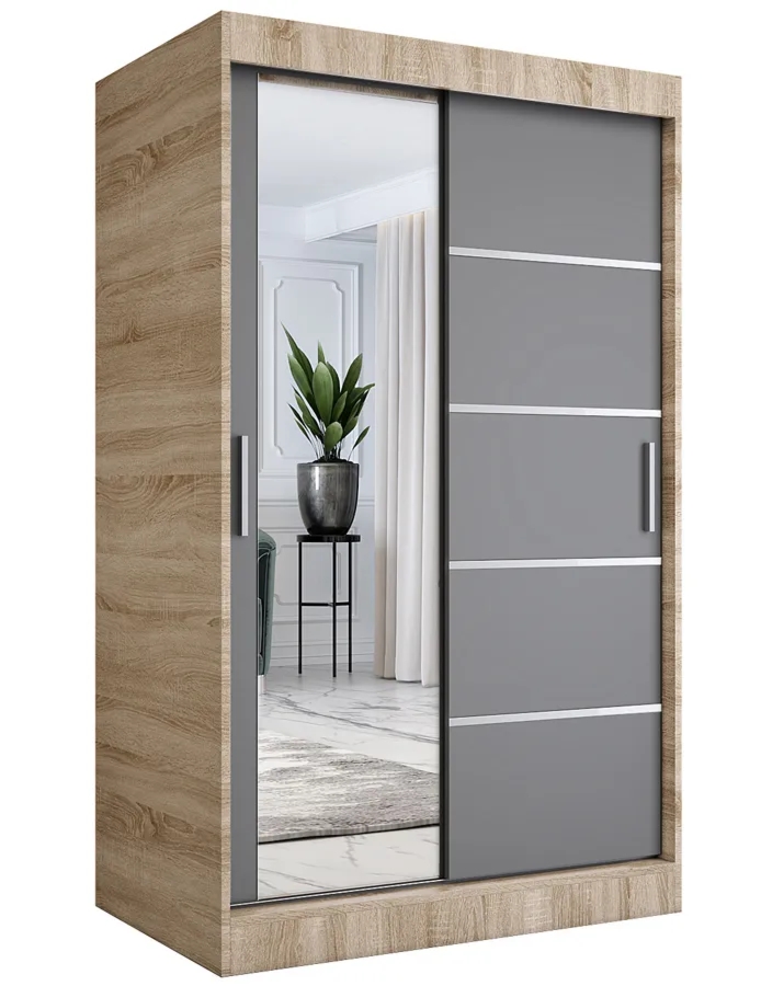 Szafa przesuwna 120 cm dąb sonoma + antracyt – funkcjonalny design, duże lustro, 5 półek