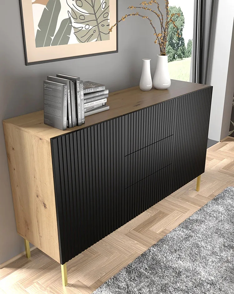 Komoda z lamelowym frontem artisan + czarny – Melis 5X