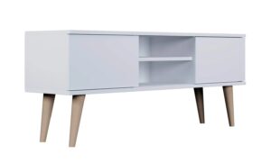 Biała szafka RTV na nóżkach – elegancki design, 120 cm, płyta laminowana