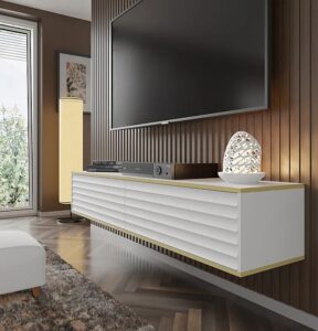 Biała ścienna frezowana szafka pod TV – Vanilia 4X, nowoczesny design, matowy kolor, wysokiej jakości materiały