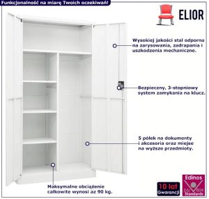 Biała szafa biurowa na klucz H5-G22 – stalowa, 5 półek, nowoczesny zamek, 90 kg