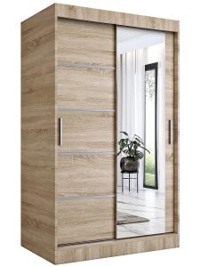 Szafa przesuwna w dekorze dąb sonoma – Marmos 3X, funkcjonalna, z lustrem, 120 cm