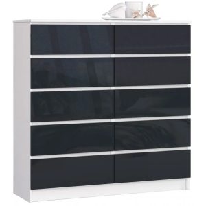 Komoda do salonu biała + grafit połysk – Barisso 4X, dziesięć szuflad, nowoczesny styl, materiał laminowany