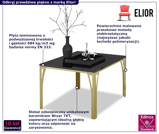 Stolik kawowy Dimea 3X – nowoczesny design, złoty stelaż, czarny blat, metal, płyta laminowana