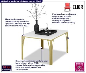 Nowoczesny stolik kawowy Dimea 3X – stabilna konstrukcja, złoty i biały połysk, 65x65x45 cm, metal i płyta laminowana