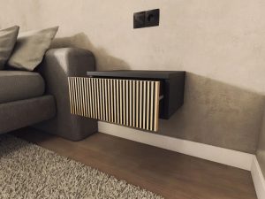 Wisząca szafka nocna z lamelami czarny + naturalny – Falos