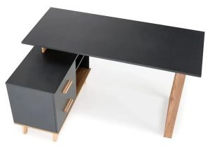 Biurko narożne lub proste z komodą antracyt – Frasa 3X, modny styl modern retro, kolor antracyt + dąb wotan, materiał MDF i drewno