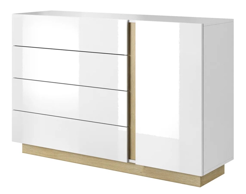 Komoda Z Biały Szufladami + Dąb Grandson – nowoczesny design, 90,5 cm wysokości, 138,2 cm szerokości, 40 cm głębokości, laminowana płyta