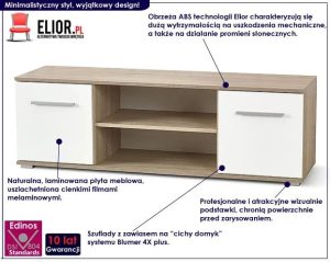Szafka RTV pod telewizor Kaloe – praktyczna, minimalistyczna, kolor biały połysk + dąb sonoma