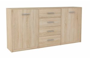 Skandynawska komoda do salonu dąb sonoma – Cermesa 4X, uniwersalny design, 4 szuflady, 2 szafki