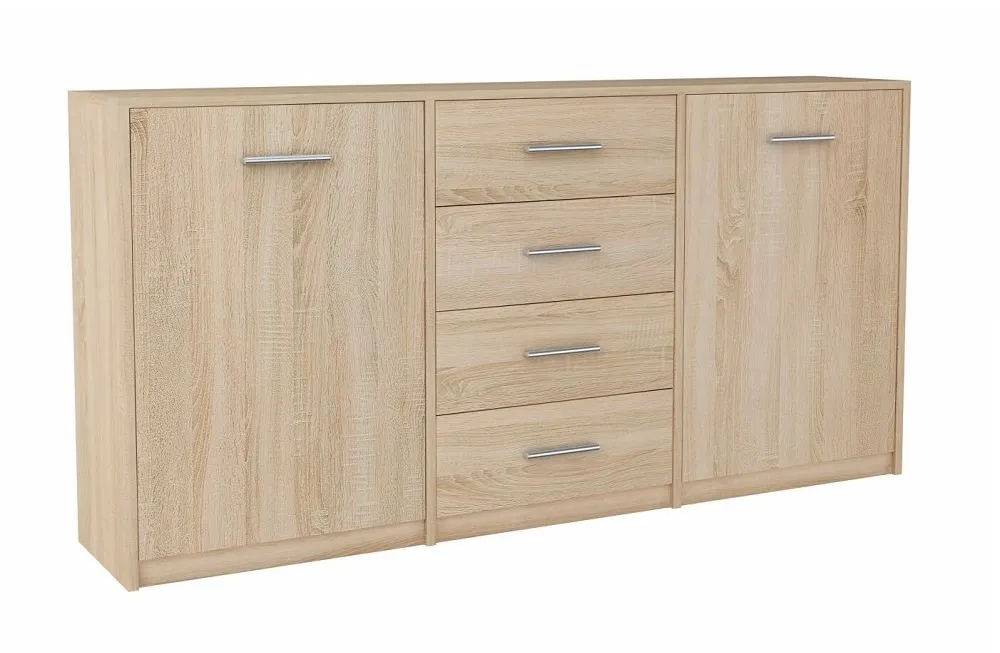 Skandynawska komoda do salonu dąb sonoma – Cermesa 4X, uniwersalny design, 4 szuflady, 2 szafki