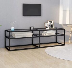 Szafka pod TV z blatem z przezroczystego hartowanego szkła – nowoczesny design, czarny stelaż, 140 cm szerokości