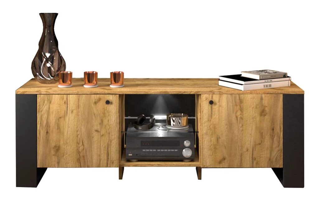 Loftowa stojąca szafka RTV – nowoczesny design, dąb craft złoty, 140,2×47,5×44 cm, wysokogatunkowa płyta meblowa