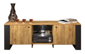 Loftowa stojąca szafka RTV – nowoczesny design, dąb craft złoty, 140,2×47,5×44 cm, wysokogatunkowa płyta meblowa