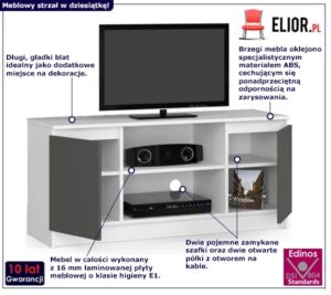 Nowoczesna Szafka RTV Elior – funkcjonalna, biała + grafit, 140x40x55 cm, płyta laminowana