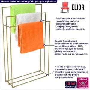 Złoty druciany stojak na ręczniki Elior K3-B70 – potrójny, nowoczesny design, metal malowany proszkowo