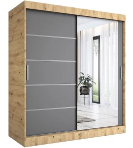 Szafa przesuwna 180 cm – funkcjonalność, modny design, dąb artisan + antracyt, laminowana płyta