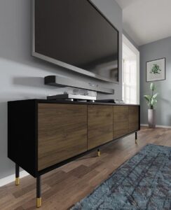 Frezowana szafka pod TV czarny + dąb catania – nowoczesny design, funkcjonalność, wysoka jakość