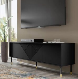 Czarna frezowana szafka rtv na nóżkach – nowoczesny design, czarny, 180 cm