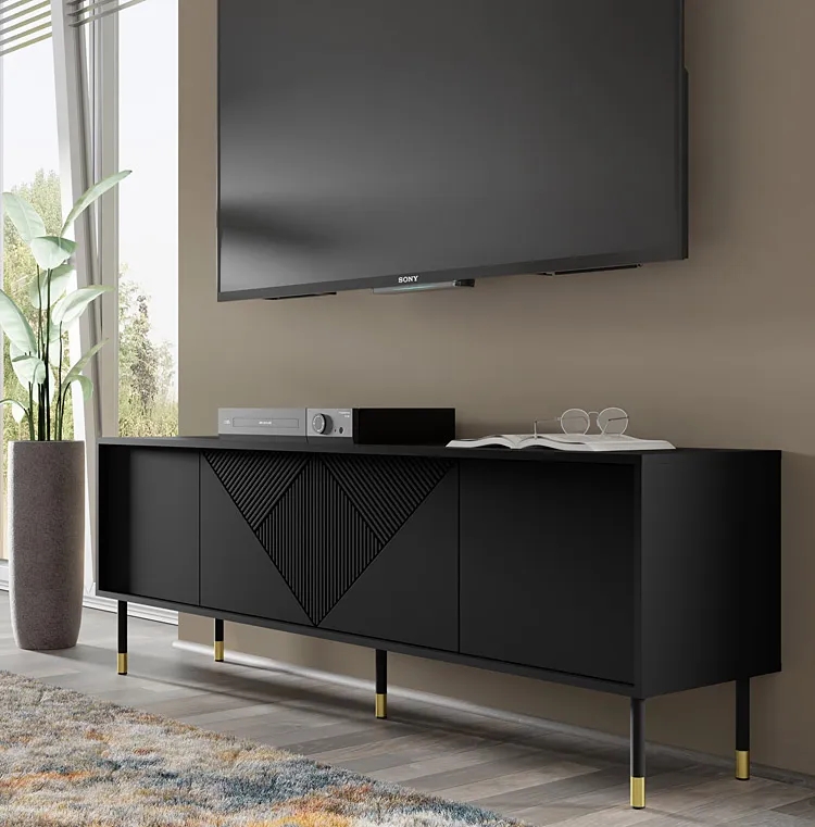 Czarna frezowana szafka rtv na nóżkach – nowoczesny design, czarny, 180 cm