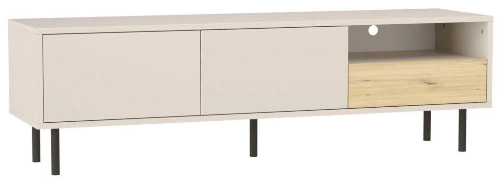 Szafka RTV na nóżkach kaszmir + dąb artisan – nowoczesny design, praktyczne rozwiązania, 150 cm