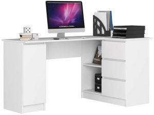 Białe biurko duże komputerowe i gamingowe narożne z szufladami i szafką – Volume 4X, ergonomiczne, nowoczesne, minimalistyczne
