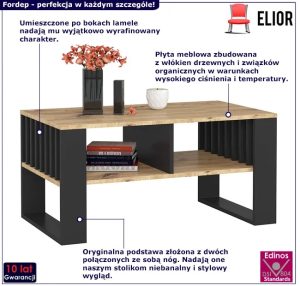 Stolik kawowy z lamelami i otwartymi półkami czarny + dąb artisan – Karlos 4X