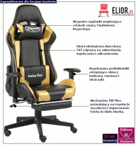 Czarno-złoty fotel gamingowy z podnóżkiem – Silmi, ergonomiczną konstrukcją, regulowane oparcie, wysoka jakość materiałów