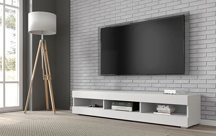 Biała stojąca lub wisząca szafka rtv – nowoczesny design, funkcjonalność, kolor biały, materiał laminowana płyta meblowa