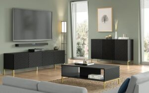 Szafka RTV w stylu glamour – czarny mat, czarne nóżki, 200 cm
