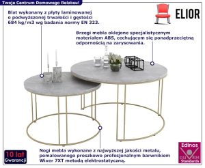 Zestaw dwóch stolików kawowych Eksa 3X – minimalistyczny design, złoty stelaż, blat betonowy
