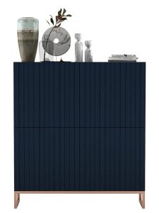 Granatowa komoda z lamelowym frontem E5-M85 – elegancka i funkcjonalna, 112 cm wysokości, 126 cm szerokości, laminat E1