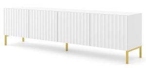 Lamelowa szafka rtv glamour biały mat + złote nóżki – Dixter 5X, elegancka, nowoczesna, 200 cm