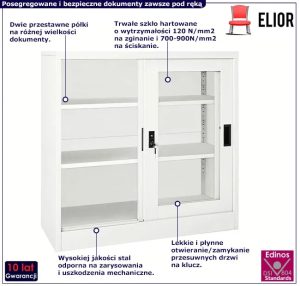 Biała przesuwna szafka biurowa na klucz – Iberia, praktyczna, solidna, stalowa