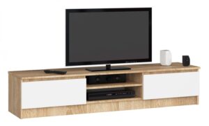 Szafka pod telewizor do sypialni dąb sonoma + biały – funkcjonalne półki, trwała konstrukcja, nowoczesny design