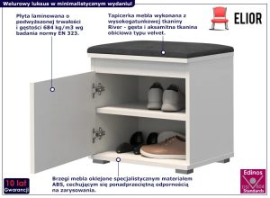 Szafka na buty z welurowym siedziskiem – minimalistyczny design, biały + szary, płyta laminowana